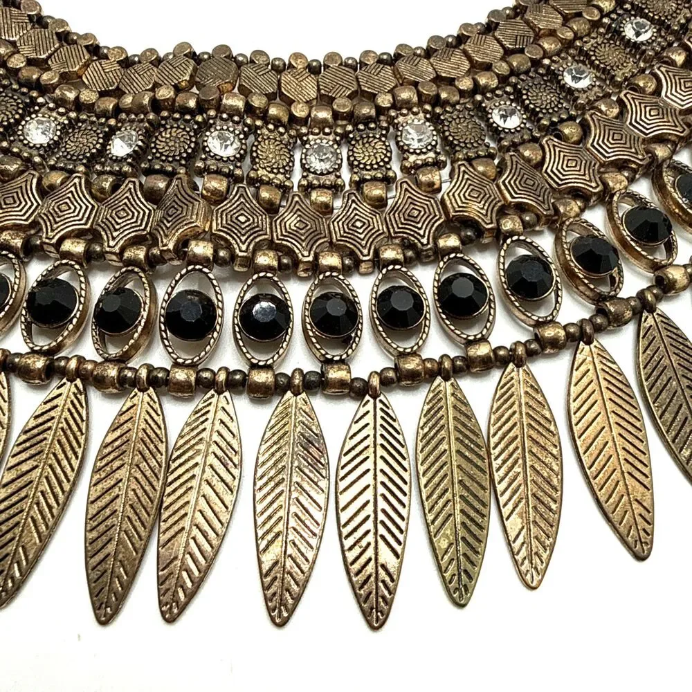 ALDO Boho Statement Bib Necklace Leaf Fringe Distressed Gold Tone Tribal Collar